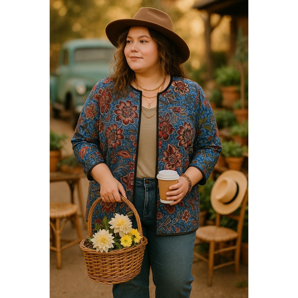 Boho Artsy Office Reversible Blue Floral 3/4 Sleeve Catherine 18/20 Blazer NWT